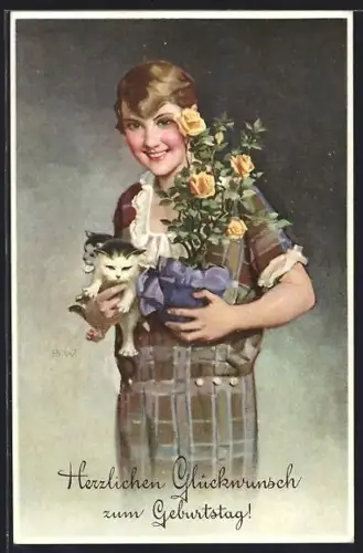 AK Glückwunsch zum Namenstag, Gratulantin mit Kätzchen