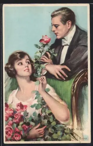 Künstler-AK F. Earl Christy: Junge Dame mit einem Strauss Rosen, dahinter ein Mann im Frack