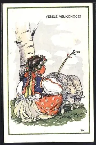 Künstler-AK M. Fischerova-Kvechova (MFK): Mädchen in Tracht mit zwei Schafen