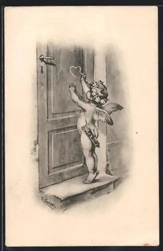 Künstler-AK E. Döcker: Amor zeichnet ein Herz an eine Tür