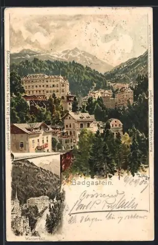 Künstler-Lithographie Otto Strützel: Badgastein, Panorama und Wasserfall