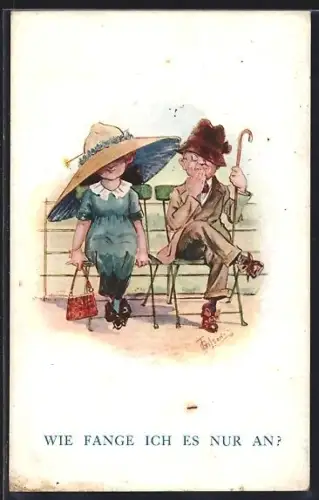 Künstler-AK T. Gilson: Junger Mann möchte eine Dame neben sich ansprechen, Wie fange ich es nur an?