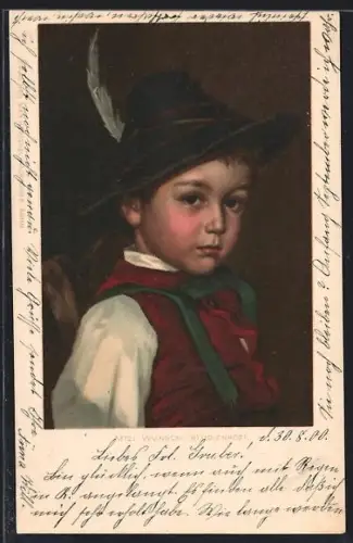 Künstler-Lithographie Mizi Wunsch: Studienkopf, Knabe in Tracht