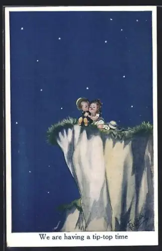 Künstler-AK T. Gilson: We are having a tip-top time, Paar am Felsen beim Kuscheln