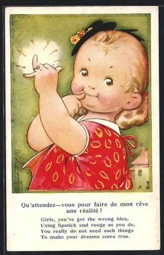 Künstler-AK Douglas Tempest: Girls, you`ve got the wrong idea, using lippstick..., Mädchen mit Ring am Finger