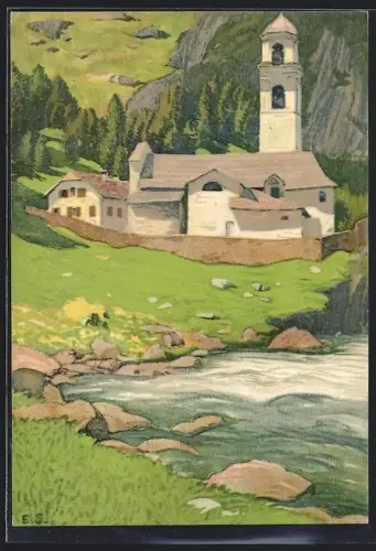 Künstler-AK Ernst E. Schlatter: Mühlen /Oberhalbstein, Uferpartie mit Kirche