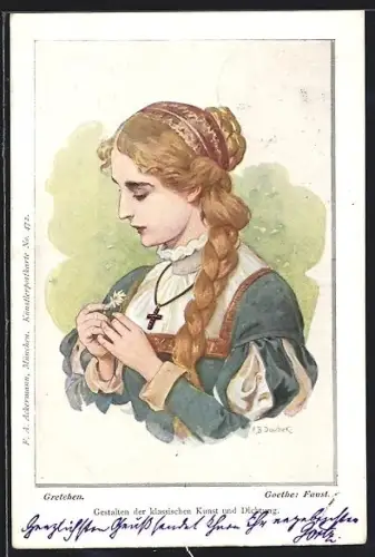 Künstler-AK Franz Doubek: Goethe`s Faust, Gretchen mit Blume in der Hand