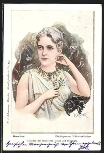 Künstler-AK Franz Doubek: Hermione mit einem Collier, Shakespeare: Wintermärchen, Jugendstil