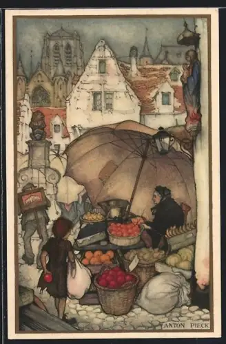 Künstler-AK Anton Pieck: Voor het Kind 1936, Appelmarkt, Marktstand mit Obstverkäuferin