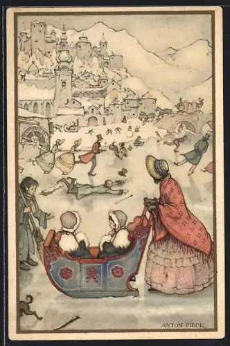 Künstler-AK Anton Pieck: Frau mit Schlitten und zwei Kindern, im Hintergrund Schlittschuhläufer