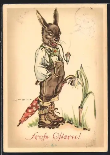 Künstler-AK Hilla Peyk: Herr Osterhase mit Pfeife und Regenschirm entdeckt ein Schneeglöckchen