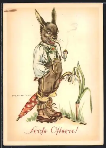 Künstler-AK Hilla Peyk: Herr Osterhase mit Pfeife und Regenschirm entdeckt ein Schneeglöckchen