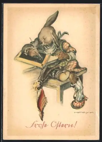 Künstler-AK Hilla Peyk: Ostergruss, Osterhase übt Schönschrift