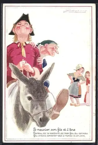Künstler-AK Mauzan: Le meunier, son fils et l`âne, Der Müller, sein Sohn u. der Esel