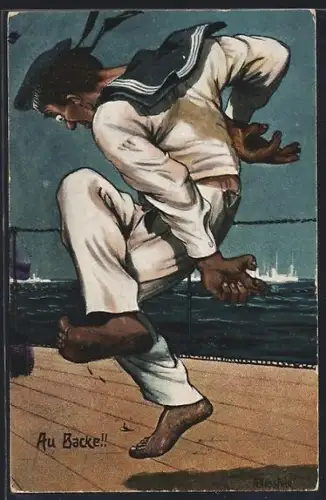 Künstler-AK K. Blossfeld: Au Backe!!, Matrose verletzt sich an Deck