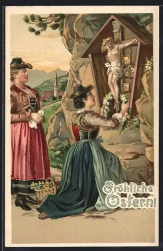 Künstler-AK H. Schubert: Frau in Tracht kniet an einem Wegkreuz