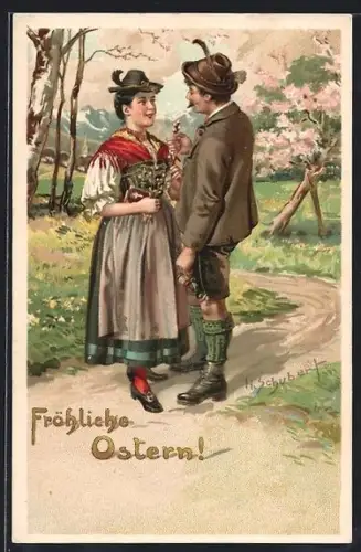 Künstler-AK H. Schubert: Paar in Trachten auf einem Feldweg im Frühling