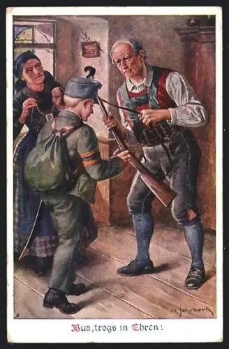 Künstler-AK H. Schubert: Vater reicht seinem Sohn ein Gewehr