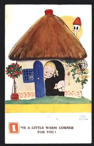 Künstler-AK Mabel Lucie Attwell: Mädchen und Hund schauen aus ihrem Haus