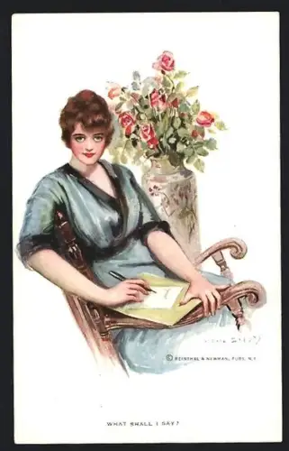Künstler-AK F. Earl Christy: What shall I say?, Dame schreibt einen Brief