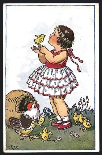 Künstler-AK M. Fischerova-Kvechova (MFK): Kleines Mädchen mit einer Schar Osterküken