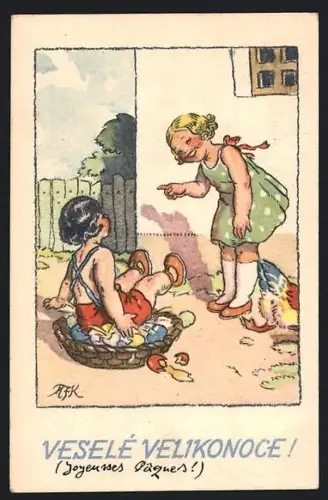 Künstler-AK M. Fischerova-Kvechova (MFK): Kind fällt in einen Ostereierkorb