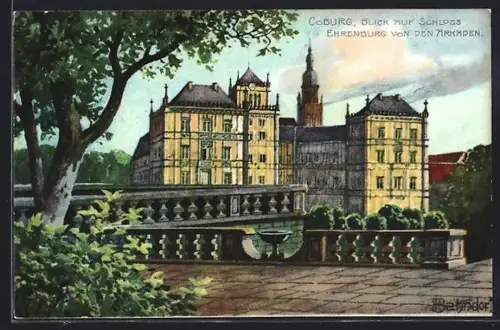 Künstler-AK H. Bahndorf: Coburg, Blick auf Schloss Ehrenburg von den Arkaden