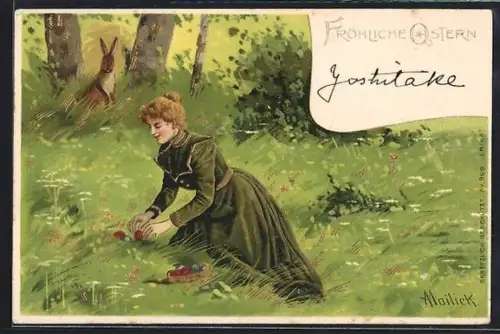 Künstler-AK Alfred Mailick: Osterhase beobachtet junge Dame beim Eiersuchen