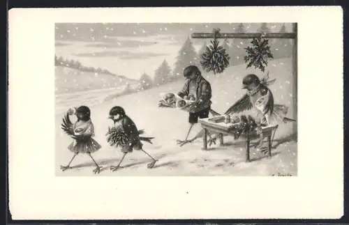 Künstler-AK C. Öhler: Vögelchen essen Äpfel