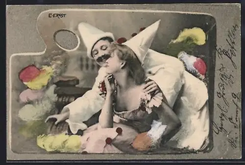 Künstler-AK E. Ernst: Pierrot Paar in einem Farbpalletten-Passepartout