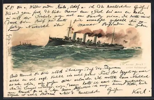 Künstler-AK Hans Bohrdt: S. M. Aviso Greif unter Volldampf