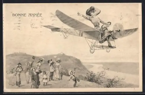 Künstler-AK Theo Zasche: Gruppe schaut einer Dame in einem Flugzeug hinterher