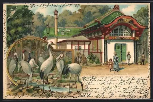 Lithographie Berlin, Zoologischer Garten, Partie am Stelzvogelhaus
