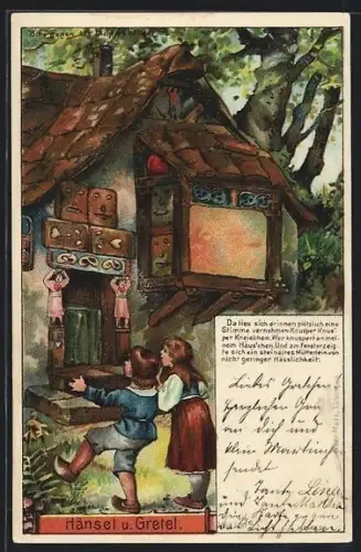 Künstler-AK Hänsel und Gretel vor dem Hexenhaus, Hexe am Fenster bei Halt gegen das Licht