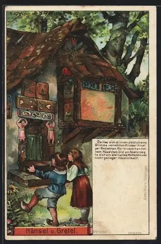 Künstler-AK Hänsel und Gretel vor dem Hexenhaus, Hexe am Fenster, Halt gegen das Licht