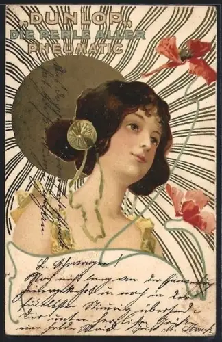 Künstler-AK Raphael Kirchner unsign.: Verträumte junge Dame, Reklame Dunlop, Jugendstil-Ornamentik