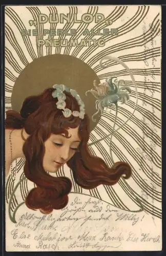 Künstler-AK Raphael Kirchner unsign.: Dame mit offenem Haar vor strahlender Sonne, Reklame Dunlop, Jugendstil