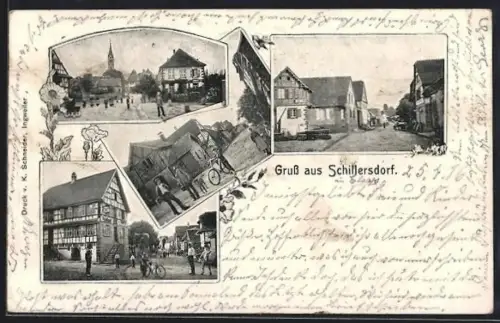 AK Schillersdorf, Blick zur Kirche, Strassenpartie im Ort mit Fahrrädern