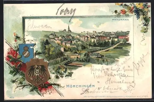 Lithographie Mörchingen, Panorama des Ortes, Wappen