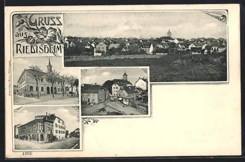 AK Riedisheim, Gasthof an einer Strassenecke, Blick zur Kirche