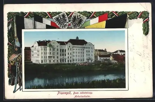 AK Przemysl, Arbeiterheim, Aussenansicht, Wappen