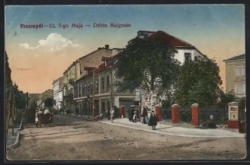 AK Przemysl, ul. 3-go Maja, Dritte Maigasse, Passanten, Kutsche