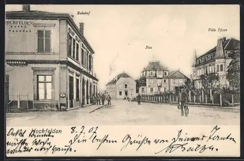 AK Hochfelden, Bahnhof mit Post und Villa Pfister