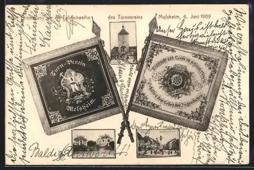 AK Molsheim, Fahnenweihe des Turnvereins 1909, Fahnen, Eingangstor