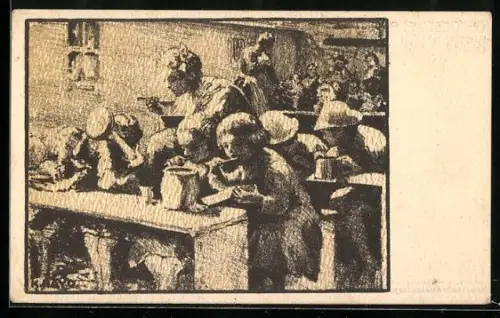 Künstler-AK Oberöst. Werbeausschuss der Amerikanischen Kinderhilfsaktion, Kinder beim Essen