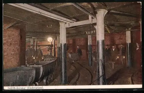 AK Seilförderung, Endstation, Bergarbeiter mit Loren unter Tage