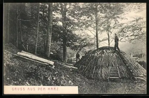 AK Harz, Köhlerhütte mit Köhlern