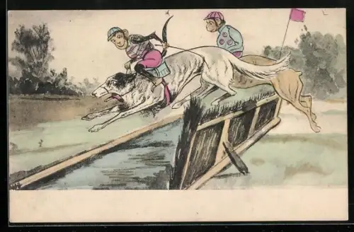 AK Affen als Jockeys auf Hunden beim Hürdensprung