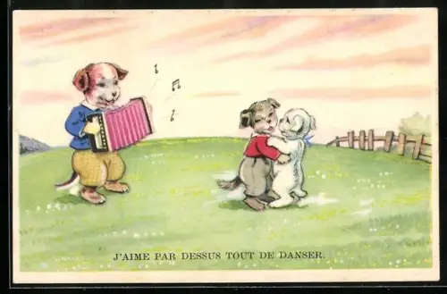 AK Hund spielt Ziehharmonika für tanzendes Hundepaar