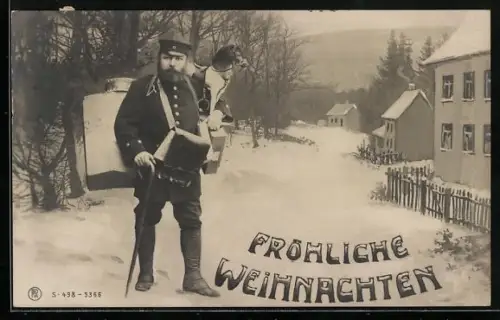 AK Briefträger mit Päckchen und Spielzeughund, Weihnachtsgruss